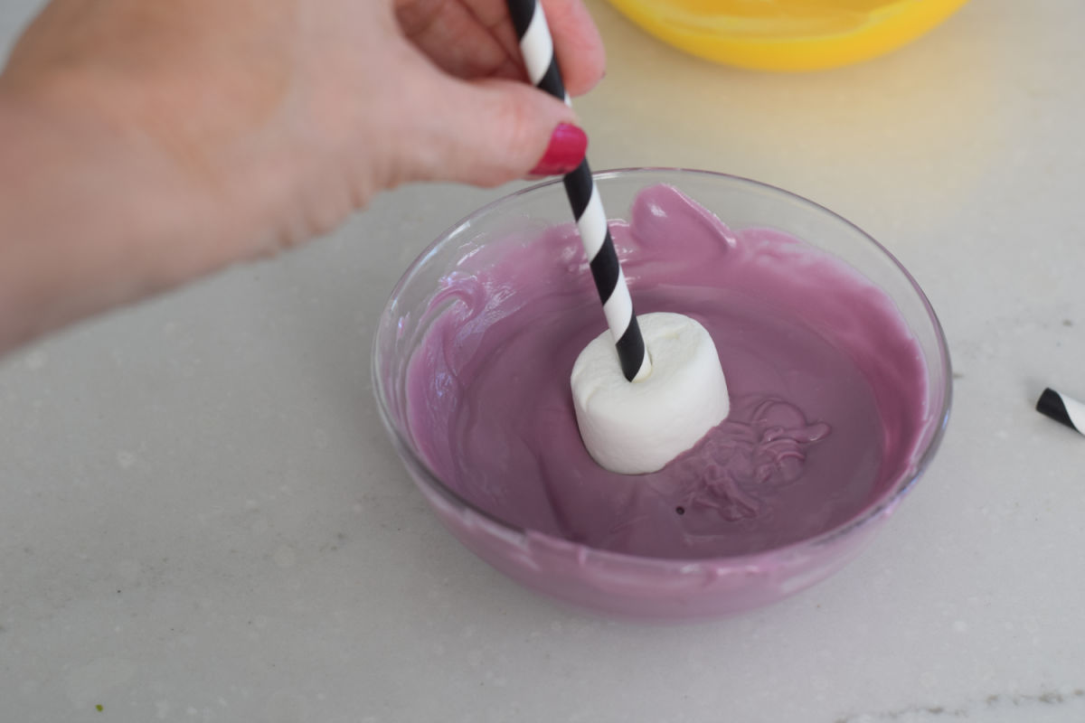 dipping marshmallow  in chocolate 