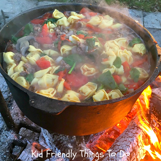 Rustic Sausage and Cheese Tortellini Soup. Perfect for the campfire or cold nights! KidFriendlyThingsToDo.com