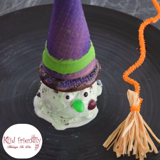 Melting Witch Ice Cream Treat For Kids on Halloween - Such a fun and simple to make Halloween Snack! A Perfect fun food treat or dessert for those Halloween parties! www.kidfriendlythingstodo.com