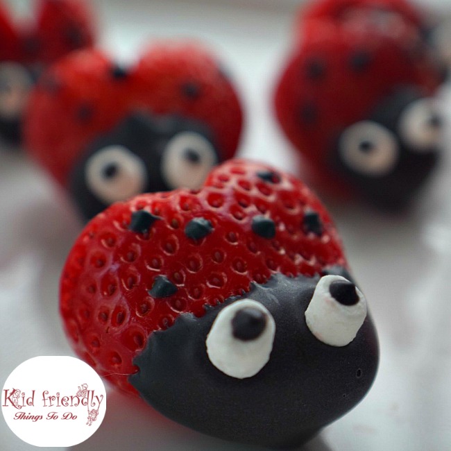 Heart shaped Chocolate Covered Strawberry Ladybugs for a fun food treat on Valentine's Day, Spring, Summer, Fairy Garden Parties or any day! Easy, Fun and delicious. Kids love 'em! www.kidfriendlythingstodo.com