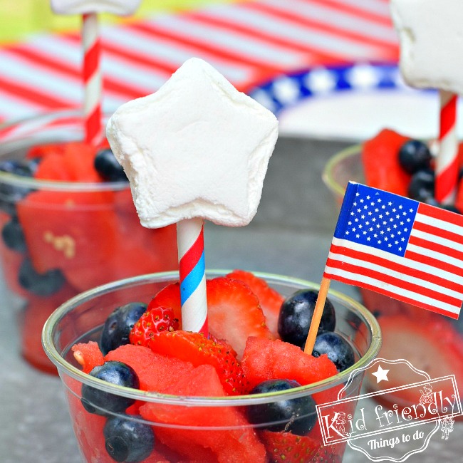 Red, White and Blue Easy to make Patriotic Fruit Salad in a watermelon bowl or cup. Great fun treat for the kids on Memorial Day, Labor Day, Fourth of July or summer picnic parties! www.kidfriendlythingstodo.com