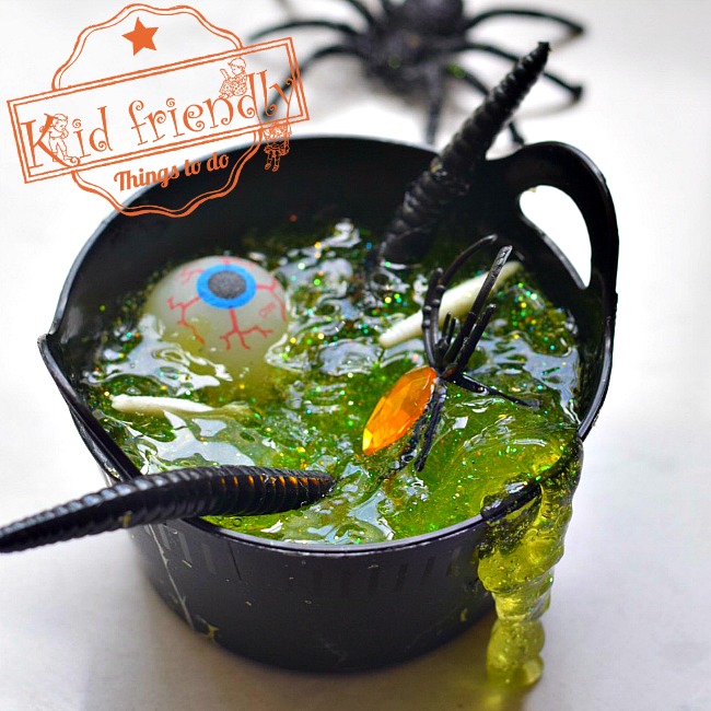 Witch's Brew Glitter Slime Recipe for a Fun Halloween Activity with Kids and Teenagers - fun craft and a great party gift - www.kidfriendlythingstodo.com